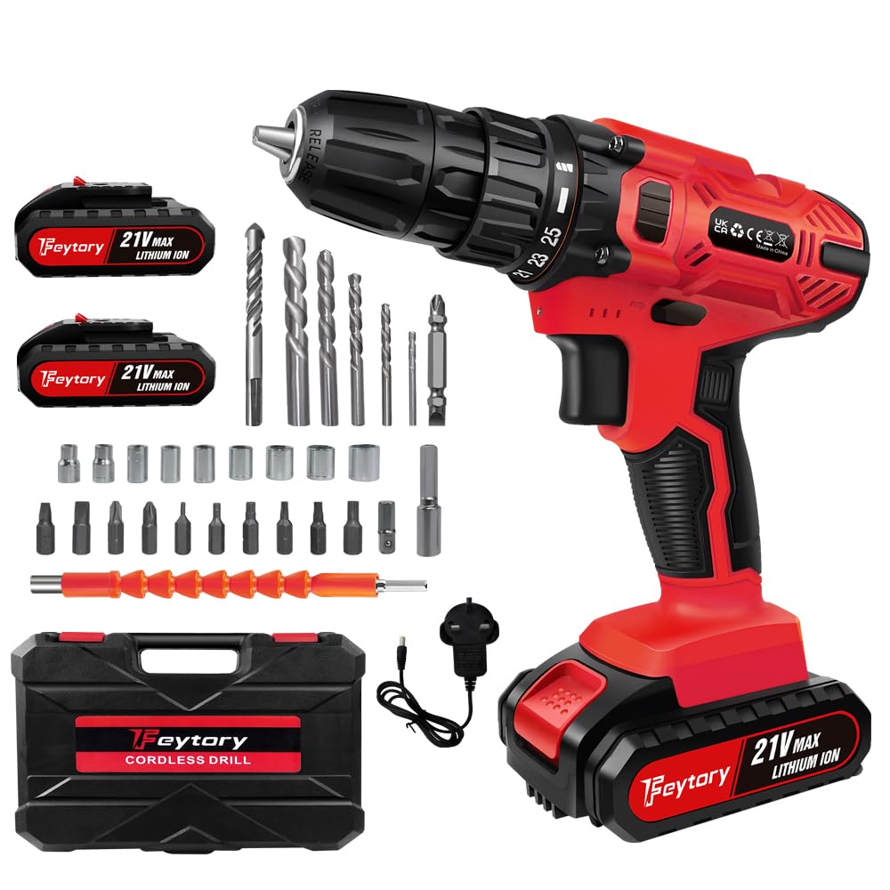 Cordless Electric Power Drill Driver Set With 2 Batteries, 3/8" Keyless Chuck, 25+1 Torque, 45N.m Max, LED, 2 Speed Combi Hammer Screwdriver Kit, 26 Bits, Kitbox for DIY