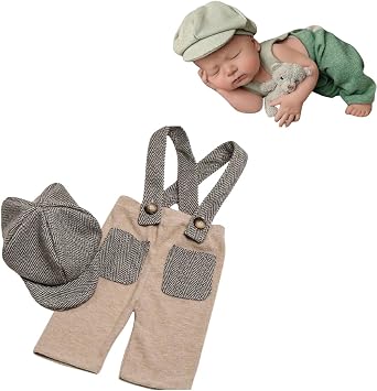 Newborn Boy Photoshoot Outfits Gentleman Romper Suits with Hat Baby Photography Props Newborn Suspender Pants with Beret