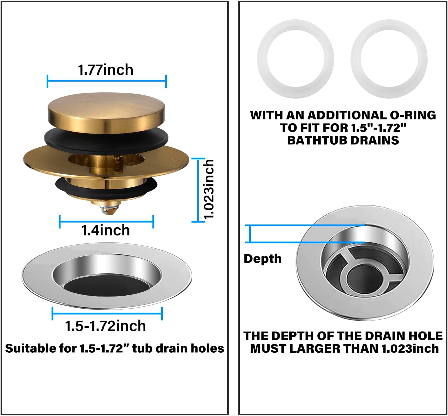 Uxoz Bathtub Stopper Upgraded Tub Stopper Universal Drain Stopper, Replacing Lift and Turn, Tip Toe or Trip Lever Tub Drains for 1.5"-1.72" Drain Hole - Brushed Silver (Gold)