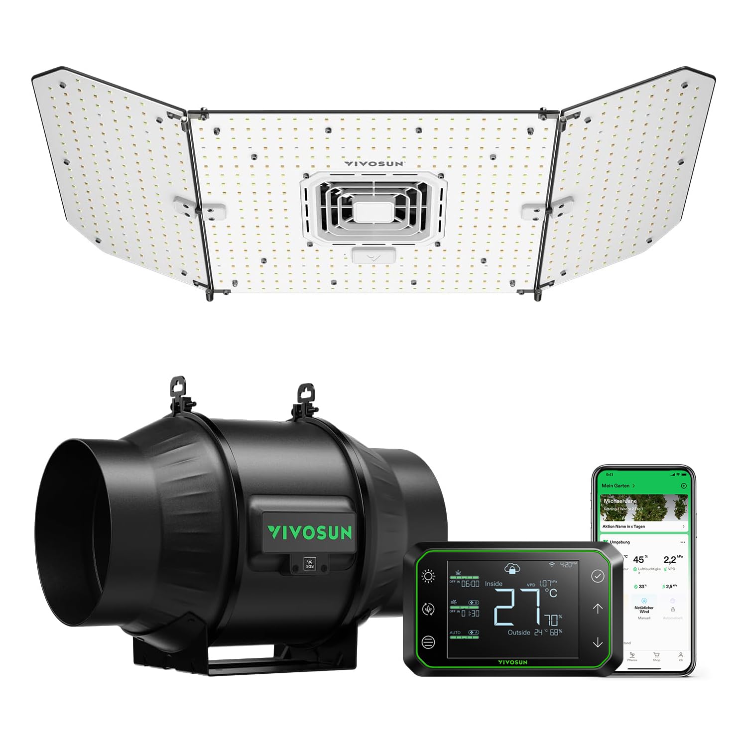 VIVOSUN Smart Grow System with AeroLight A200SE 200W LED Grow Lamp with Integrated Circulation Fan, AeroZesh T6 15 cm 693 m³/h Pipe Fan & GrowHub Controller E42A