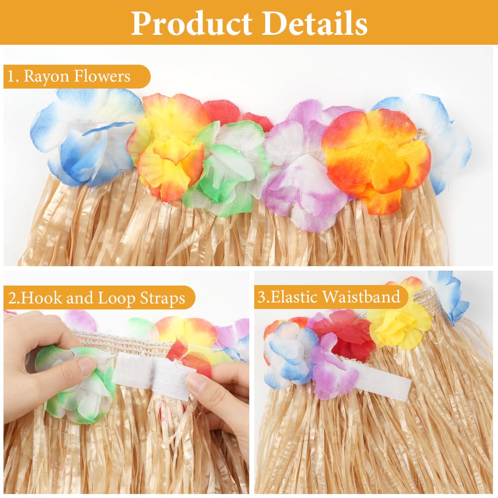 Aomig Jupe Hula à Feuilles, 5 Pièces Jupe Hawaïenne en Herbe avec Collier/Fleurs d'hibiscus Artificielles/Lunettes de Soleil, Jupe Hawaiian en Feuilles de Palmier pour Plage Fête Hawaïenne Luau Tiki