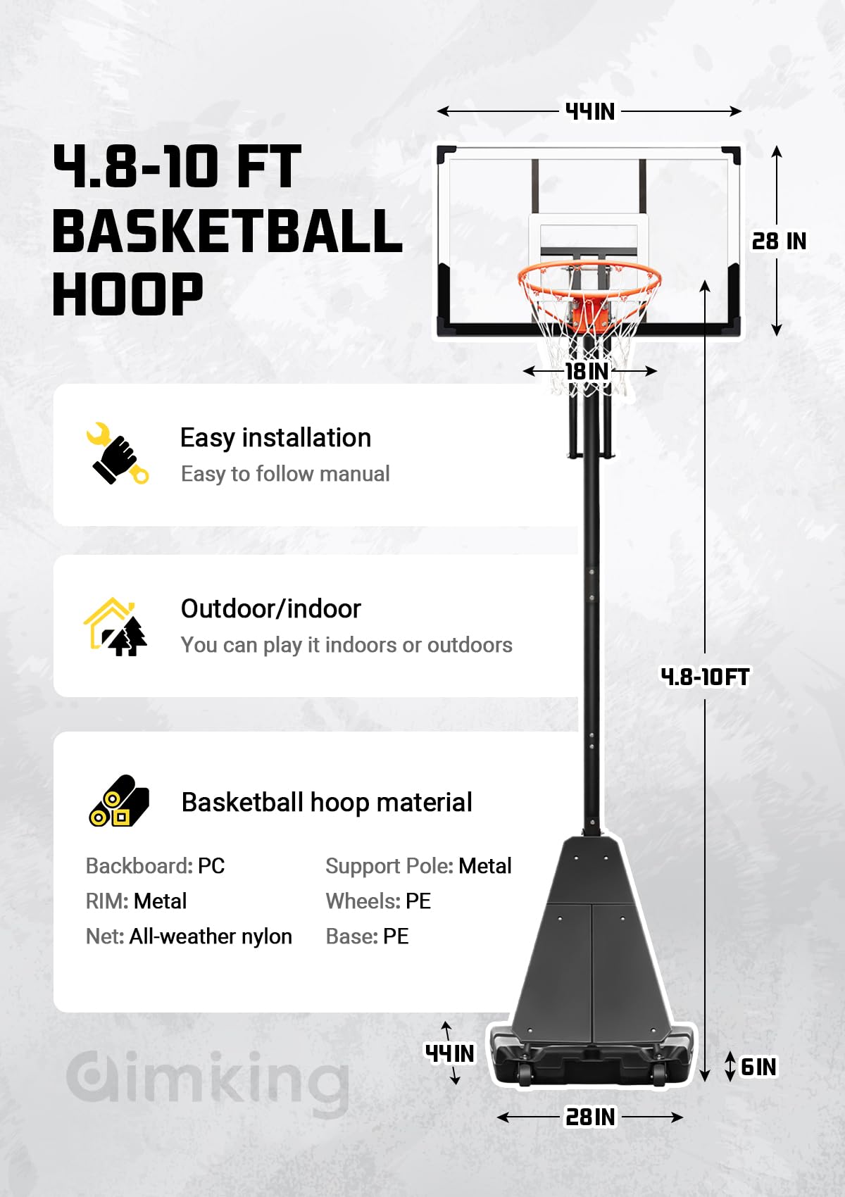 Portable Basketball Hoop System with 44 Inch Shatterproof Backboard, 4.8FT-10FT Adjustable Height Basketball Goal Outdoor for Youth/Teens/Adults Indoor Outdoor
