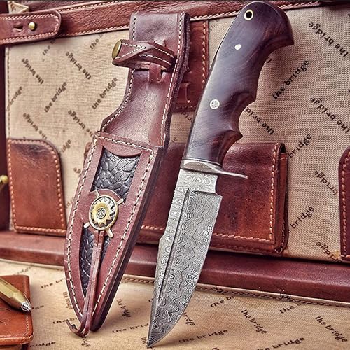 BIGCAT ROAR Deer Hunter - Cuchillo Caza Acero de Damasco Artesanal 25 4 cm - Mango Madera Nogal y Funda Cuero - EDC Bushcraft Monte Campo y Supervivencia - Regalo Hombres Cazadores o Coleccionistas