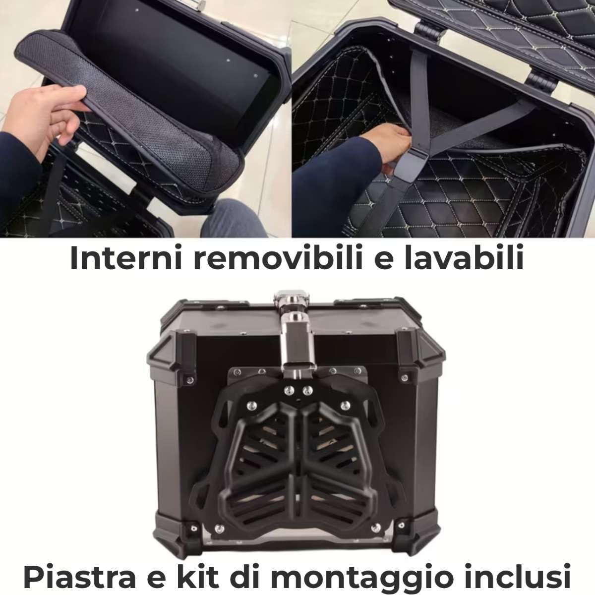 Generico BAULETTO MOTO SCOOTER 62LTR NERO EFFETTO ALLUMINIO CON PIASTRA UNIVERSALE E SCHIENALE CHIUSURA ANTIFURTO MATERIALE ABS