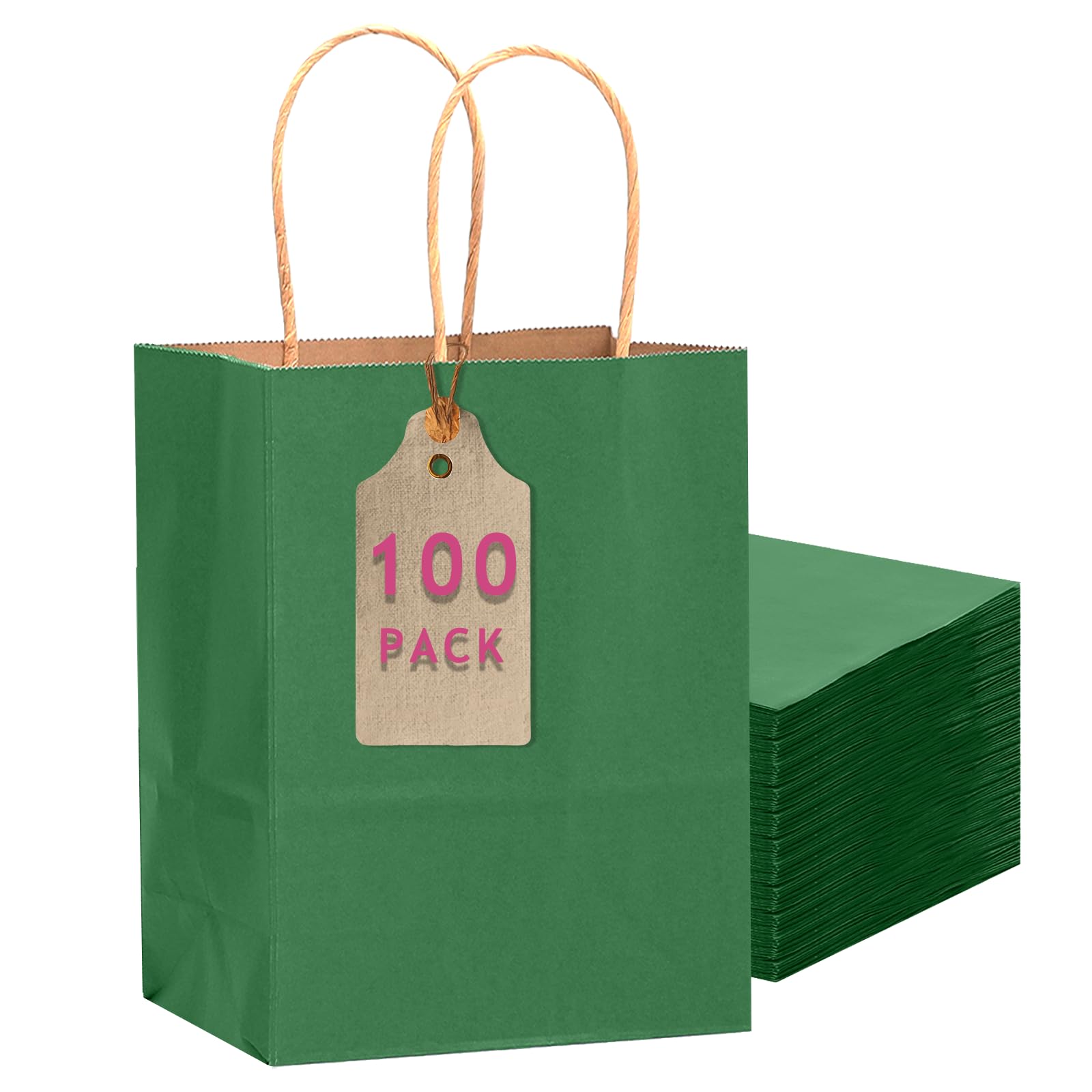 qiqee 100PCS Gift Bag with Handles Bulk Kraft Deep Green Paper Bags Multiple Uses (11"x5"x8"inch Medium Size)