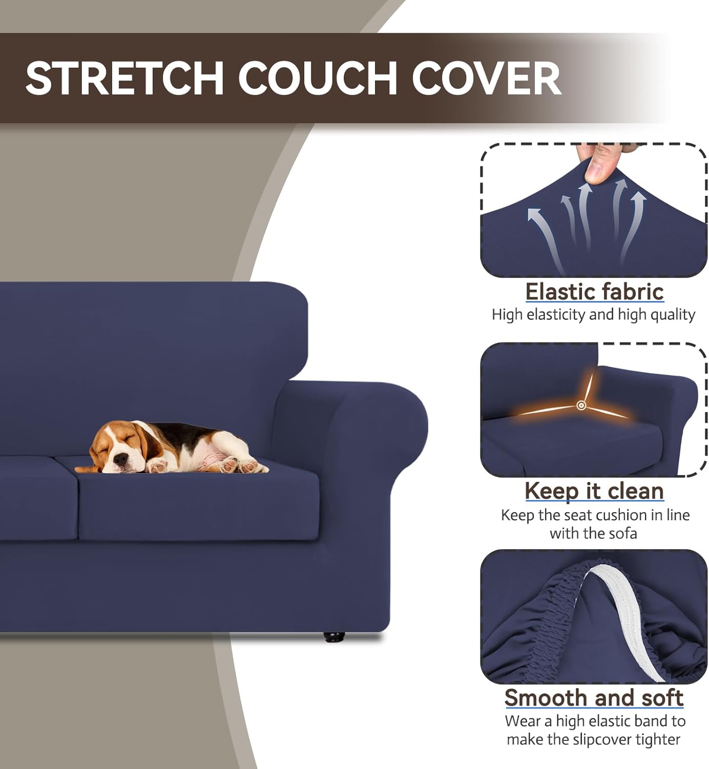 KEKUOU 3 Pieces Stretch Couch Covers for 2 Cushion Couch Sofa pet Friendly， Sofa Covers Washable Soft Elastic Dogs Furniture Protector(Loveseat,Navy Blue)