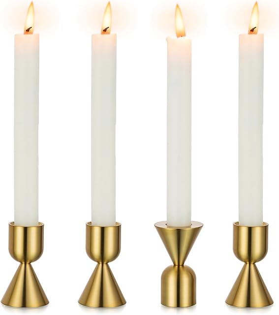 NUPTIO Candle Stick Candle Holder: 4 Pcs Gold Candlestick Holders for Taper Candles Aluminium Tapered Holder Candlesticks Dinner Centrepieces Table Decoration Wedding Party Fireplace Christmas