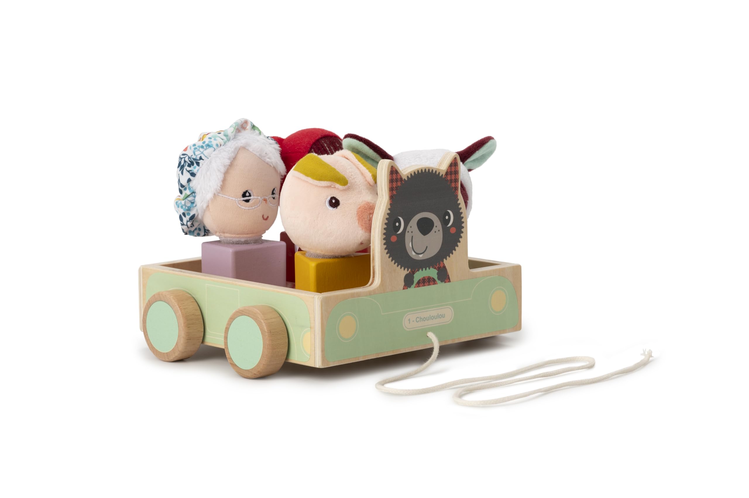LILLIPUTIENS - Pull-Along Cube Cart - Wooden and Fabric Pull-Along Car with 4 Storybook Characters for Toddlers' Awakening - Stimulates Motor Skills and Thinking - From 12 Months - 83470