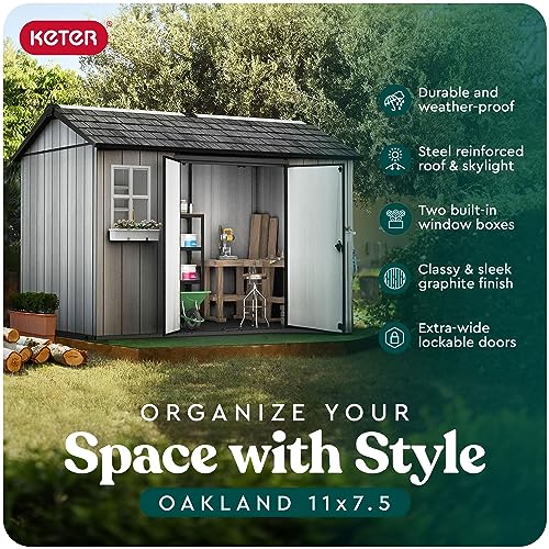 Image of Keter Oakland 11 x 7.5 Ft Spacious Heavy Duty Storage Shed for Organizing Garden Accessories and Outdoor Tools with Double Doors, High Ceiling, Gray