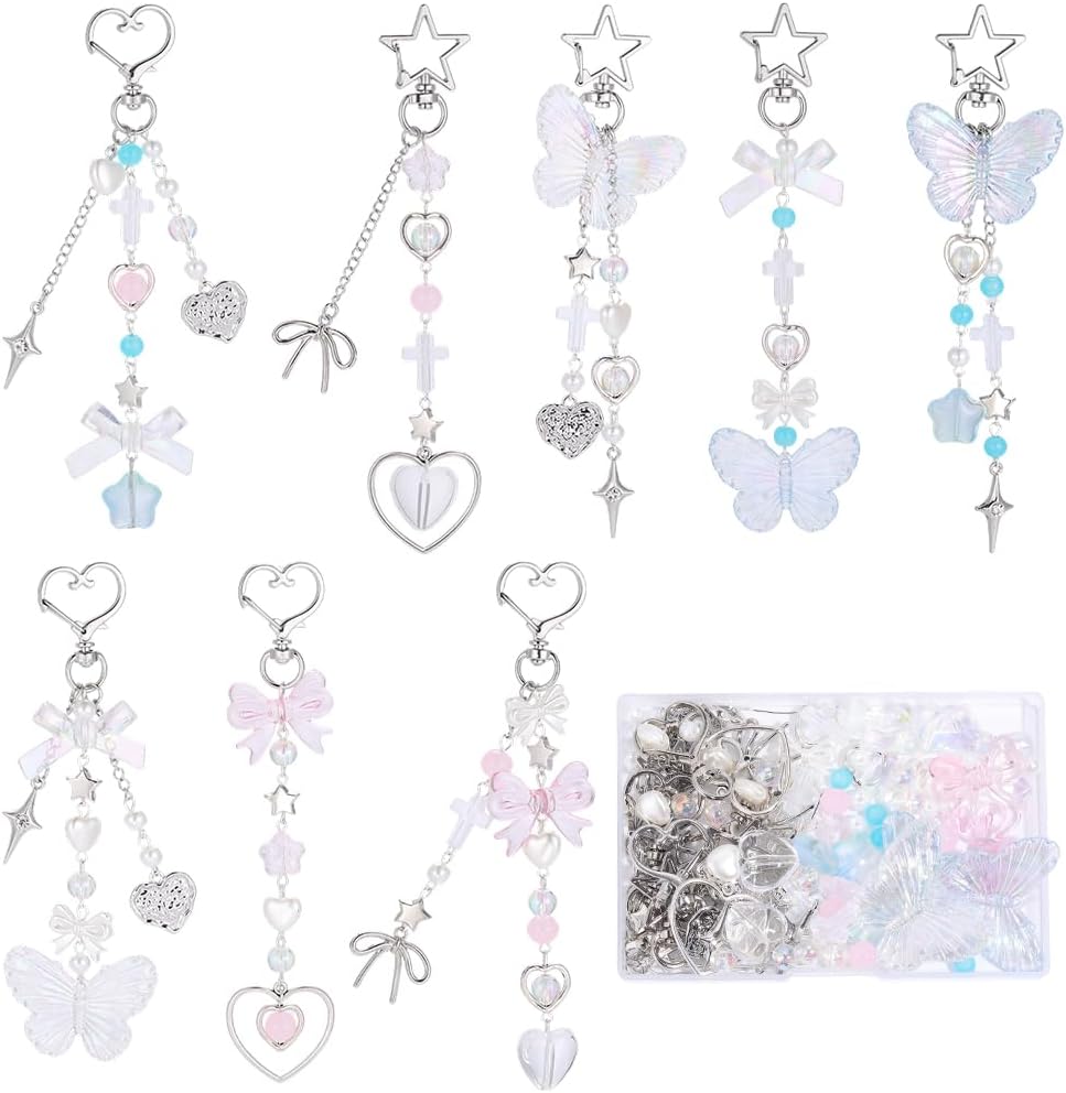 SUNNYCLUE 1 Box 209Pcs DIY 8 Sets Bow Bag Charms Bowknot Keychain Pink Blue Bows Heart Butterfly Spacer Beads Glass Imitation Pearls Purse Charms for Handbag Bags Backpacks Keys Accessories Women