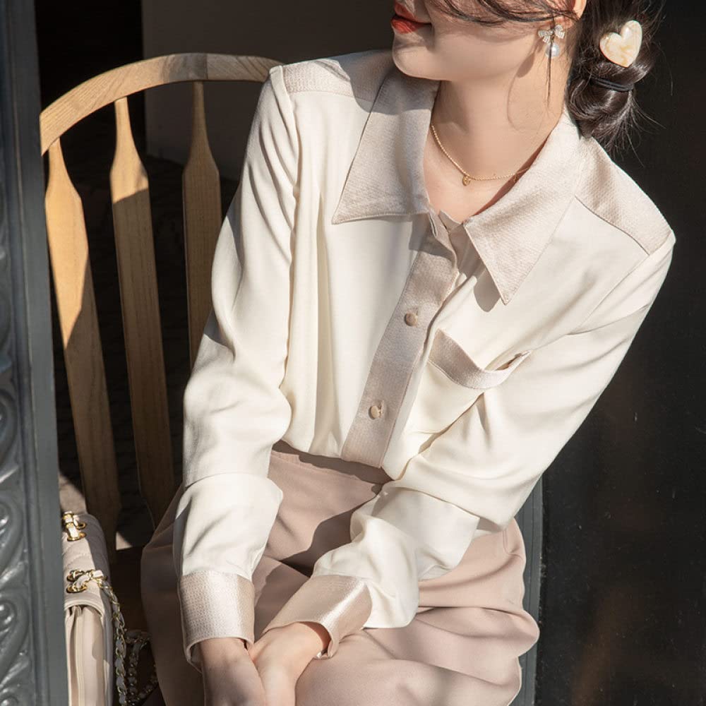 Parte Superior Elegante,Elegante Blusa De Color En Contraste para Mujer, Camisa Blanca De Túnica De Satén, Camisa De Manga Larga, Blusa De Gasa, Chaqueta De Verano, Blusa Informal De Negocios para O