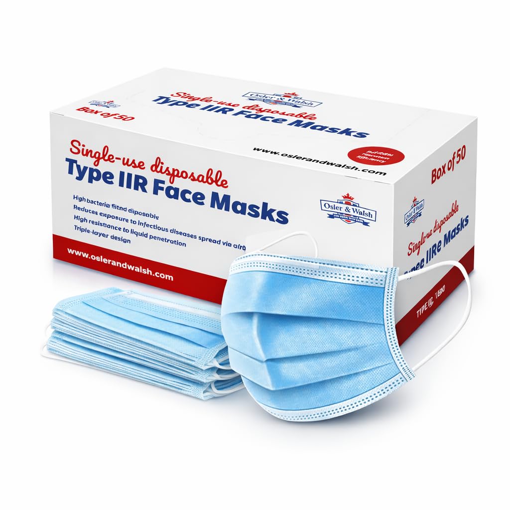 Osler & Walsh Medical Face Masks Type IIR Fluid Resistant – Pack of 50 Disposable Surgical Masks | British Healthcare Brand | Adjustable Nose Bridge & Soft Ear Loops