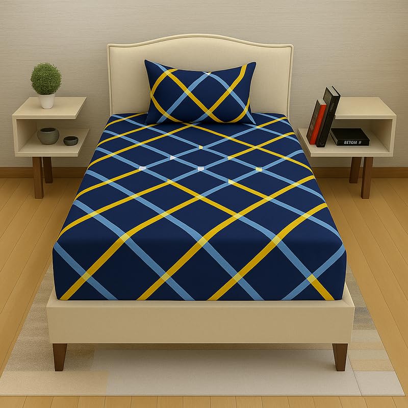 Image of Premium Cotton Elastic Fitted Bedsheets with 1 Pillow Covers |Floral Printed Single Bed Elastic 220 TC Supersoft Breathable & Wrinklefree | for 72x36+6 Inches, Blue