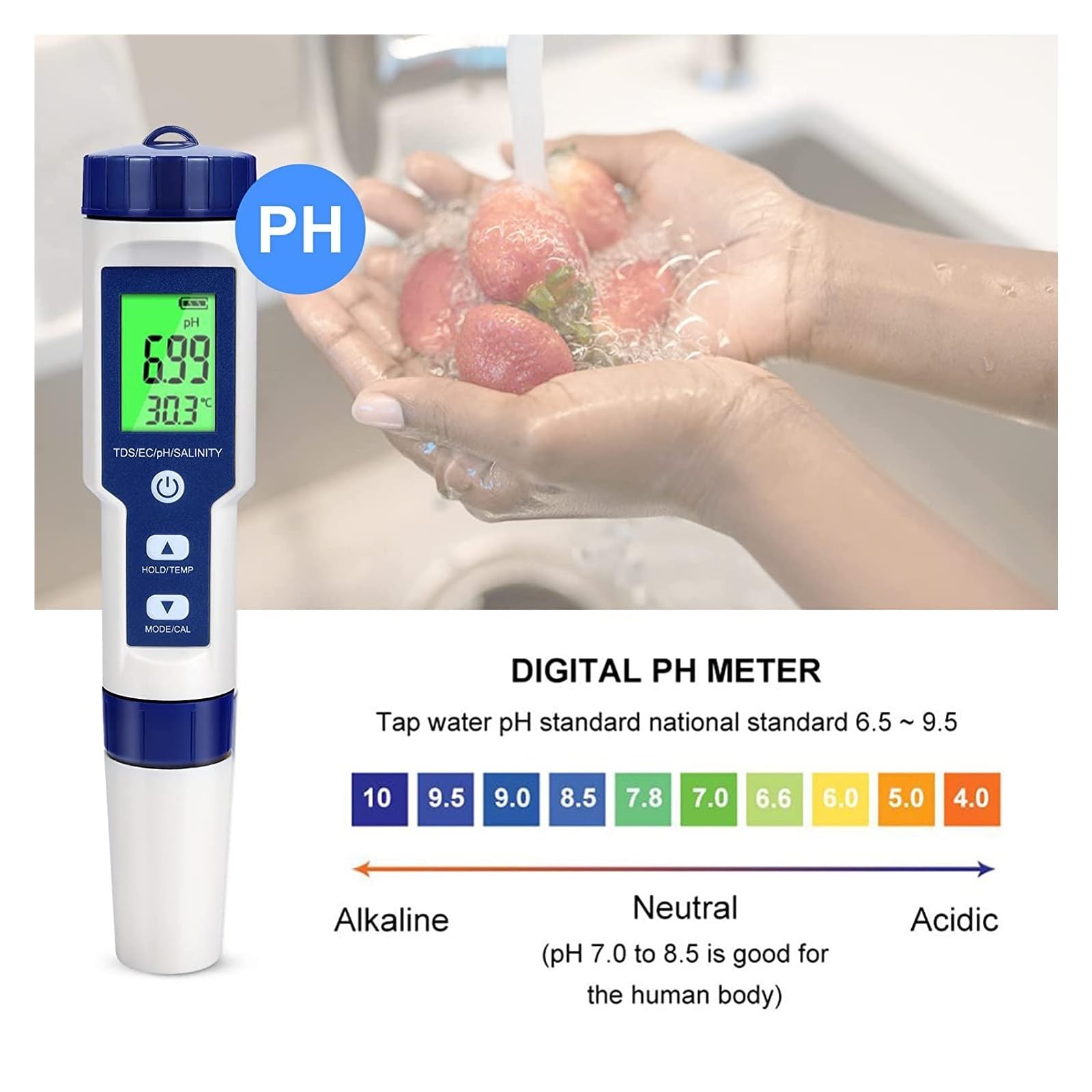 Testeur d'eau PH-mètre Numérique 5 en 1 Testeur De Qualité l'eau PH/TDS/EC/salinité/mètre Température for Aquarium, Spas, Eau Potable Polyvalent Précis Facile