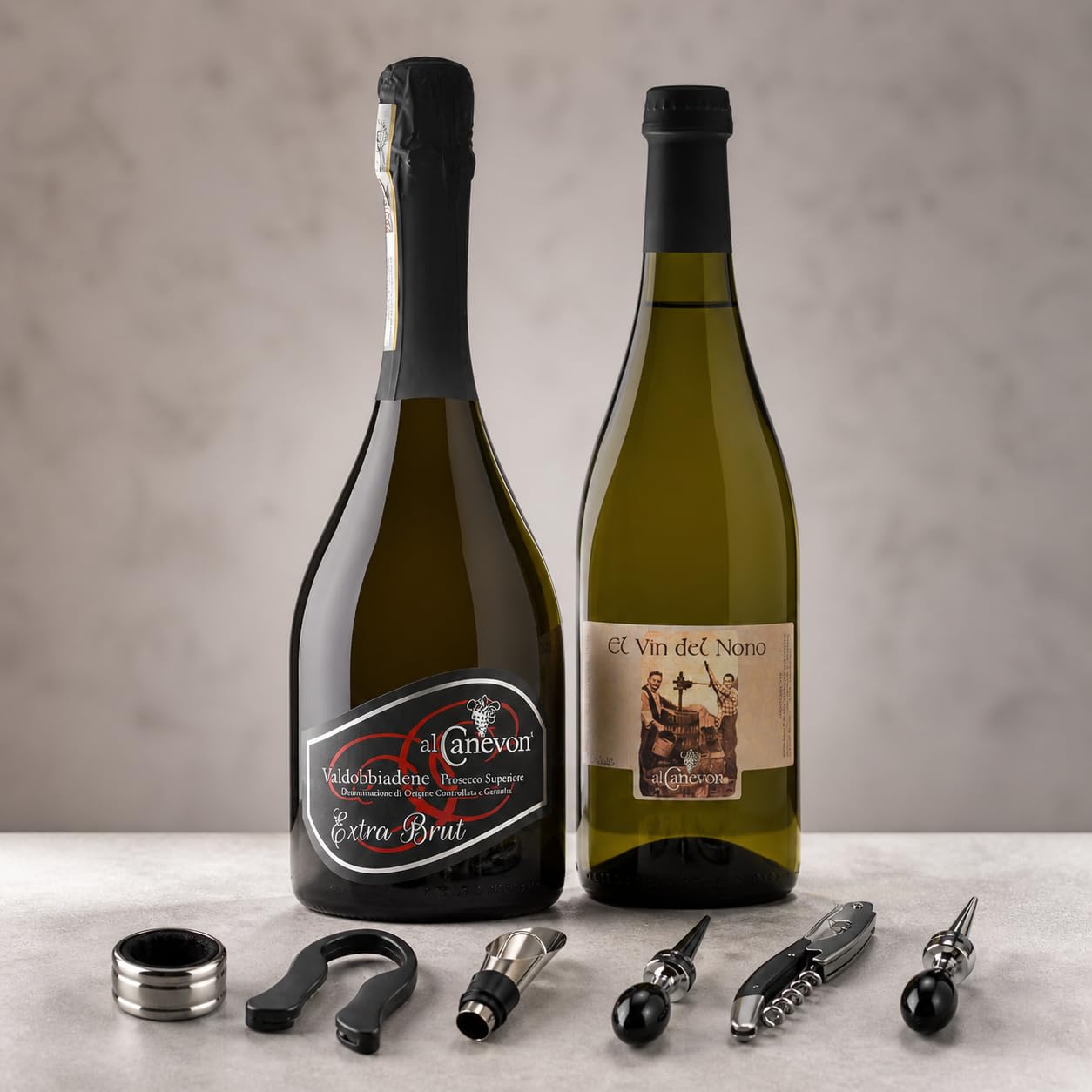 Set Degustazione Vino Regalo con Baule Rigido in Pelle e Accessori – Prosecco Extra Brut DOCG & El Vin del Nono – Confezione Elegante Riutilizzabile – Al Canevon