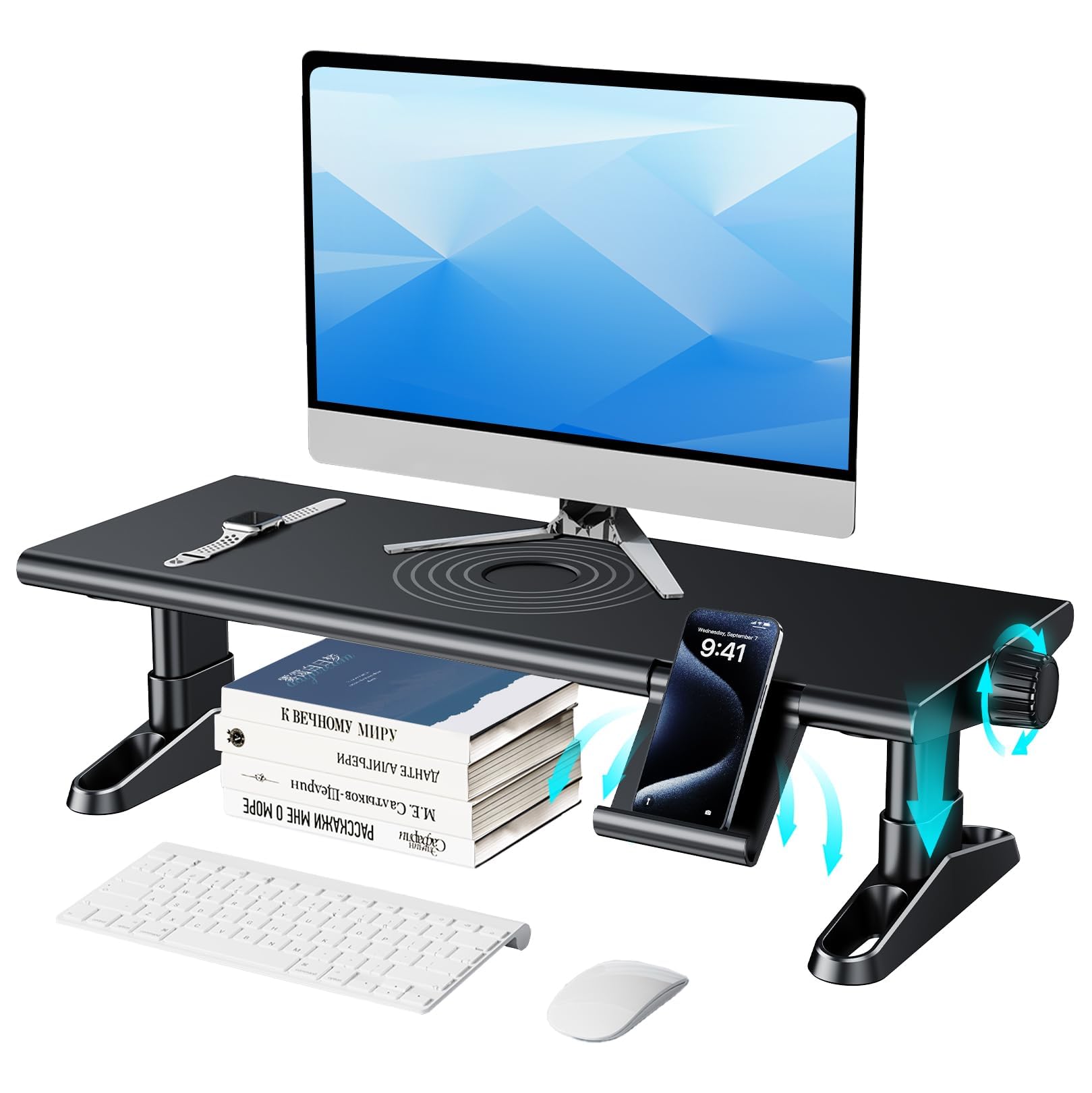 Supporto per monitor da scrivania, regolabile in altezza da 11,3 a 14,6 cm, con supporto per telefono, supporto singolo per computer portatile, stampante, TV, accessori ergonomici per ufficio