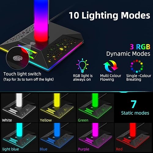 Miniatura 2 de ZNikoyidy Soporte para auriculares para juegos con luz RGB - Soporte para auriculares con AUX de 0.138in y 2 puertos USB, soporte para auriculares