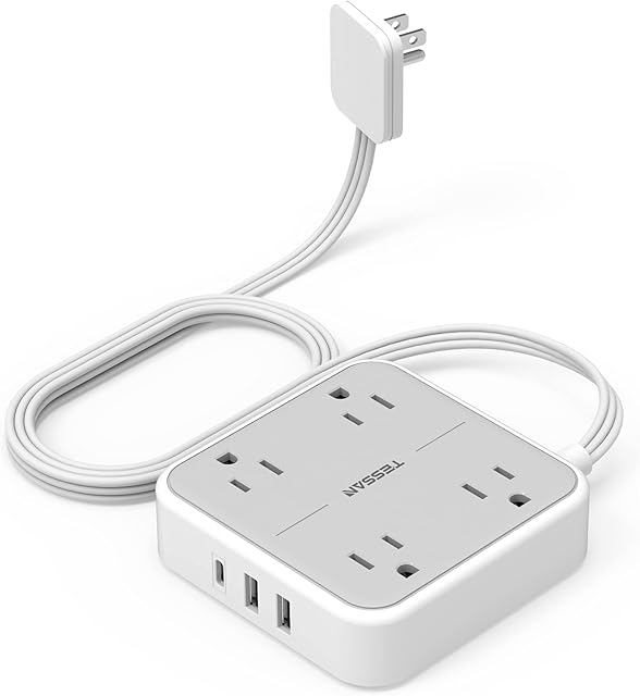 Flat Plug Power Strip, TESSAN 5 ft Ultra Thin Extension Cord with 3 USB Wall Charger(1 USB C Port), 4 Outlets Slim Desk Charging Station Compact for Travel, Office, School, Dorm Room Essentials