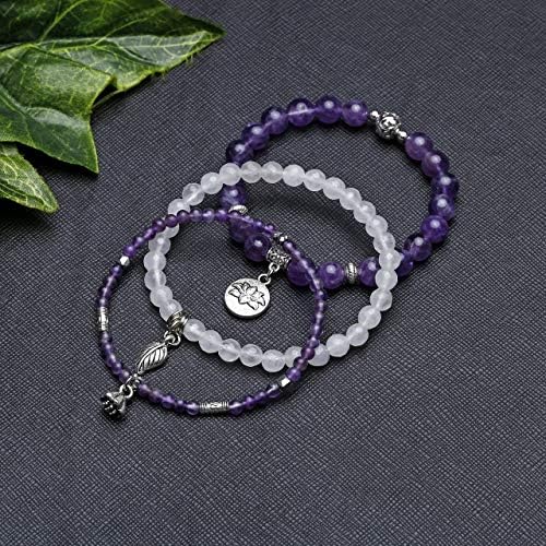 JSDDE Natural Crystals Bracelet Set Reiki Healing Crystal Gemstone Beads Stretch Bracelets with Lotus Leaf Charm for Women Christmas Gift