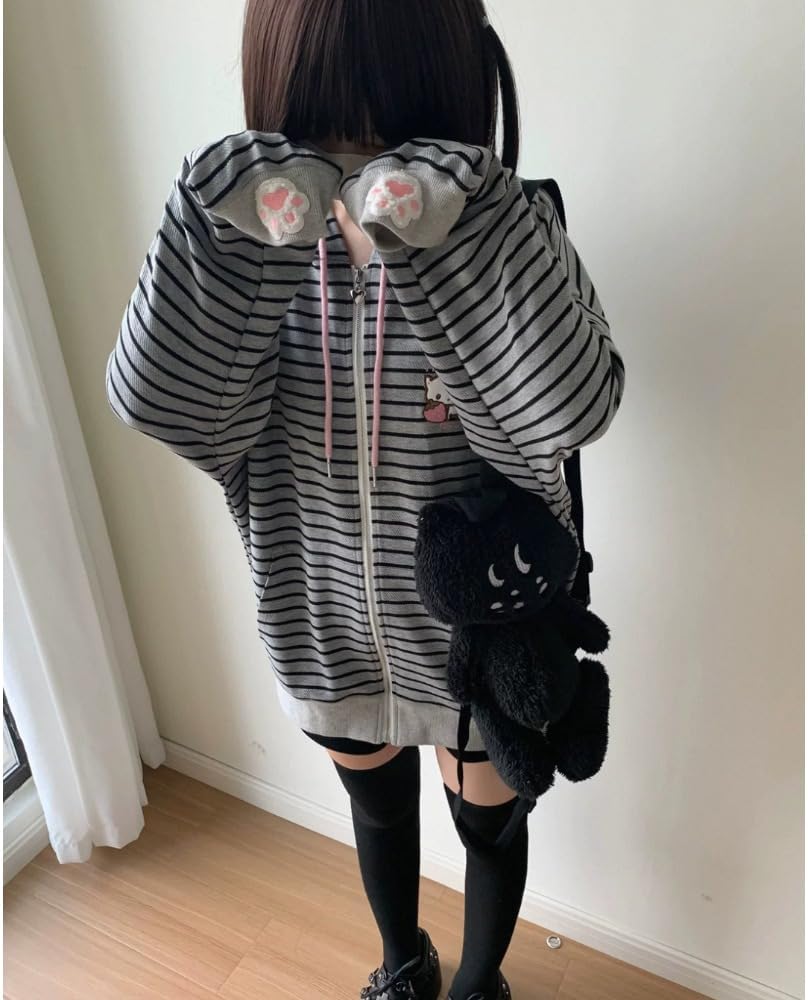Y2K Sweet Wind Strawberry Cat Printed Striped Hoodie Women's Cute Cat Ears Hoodie Loose Top - Image 2