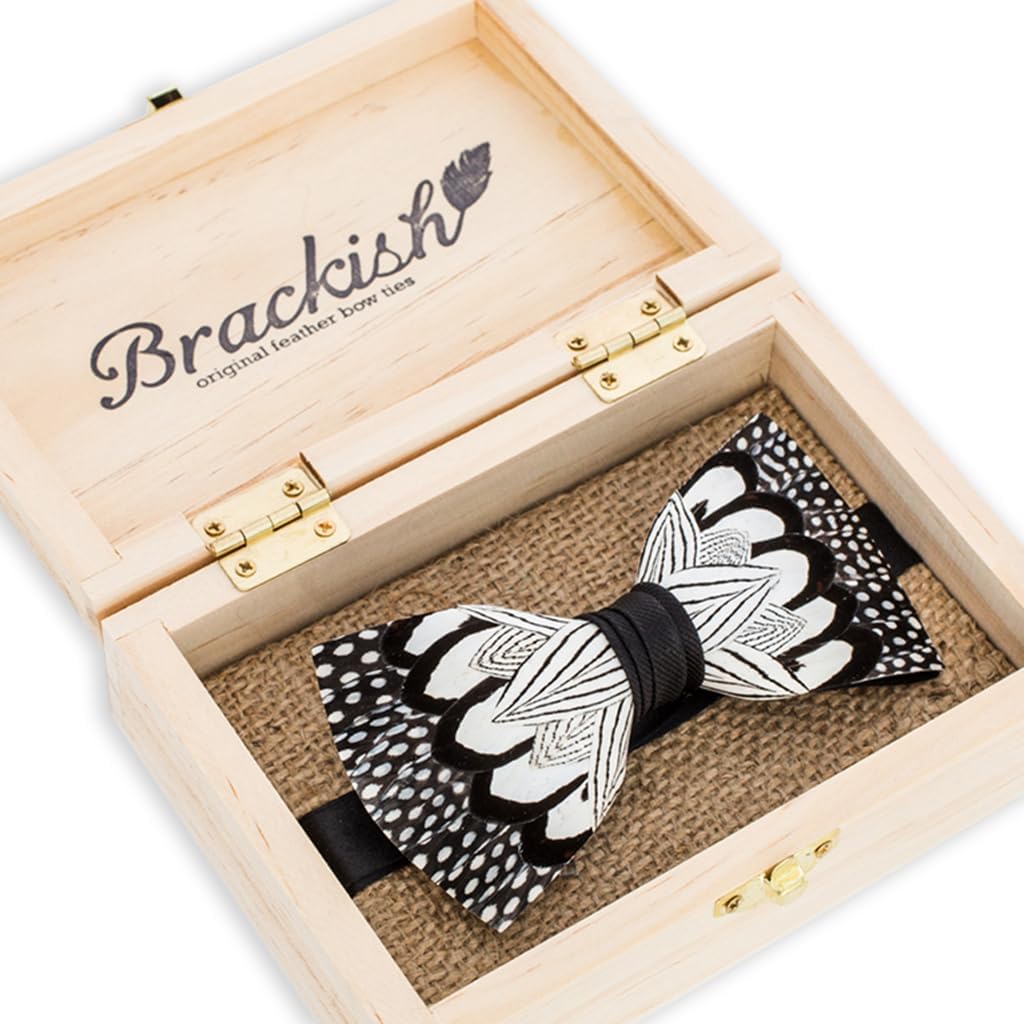 Brackish Elegant Black Pheasant and Guinea Feather Bow Tie - Black and White - the River Wind