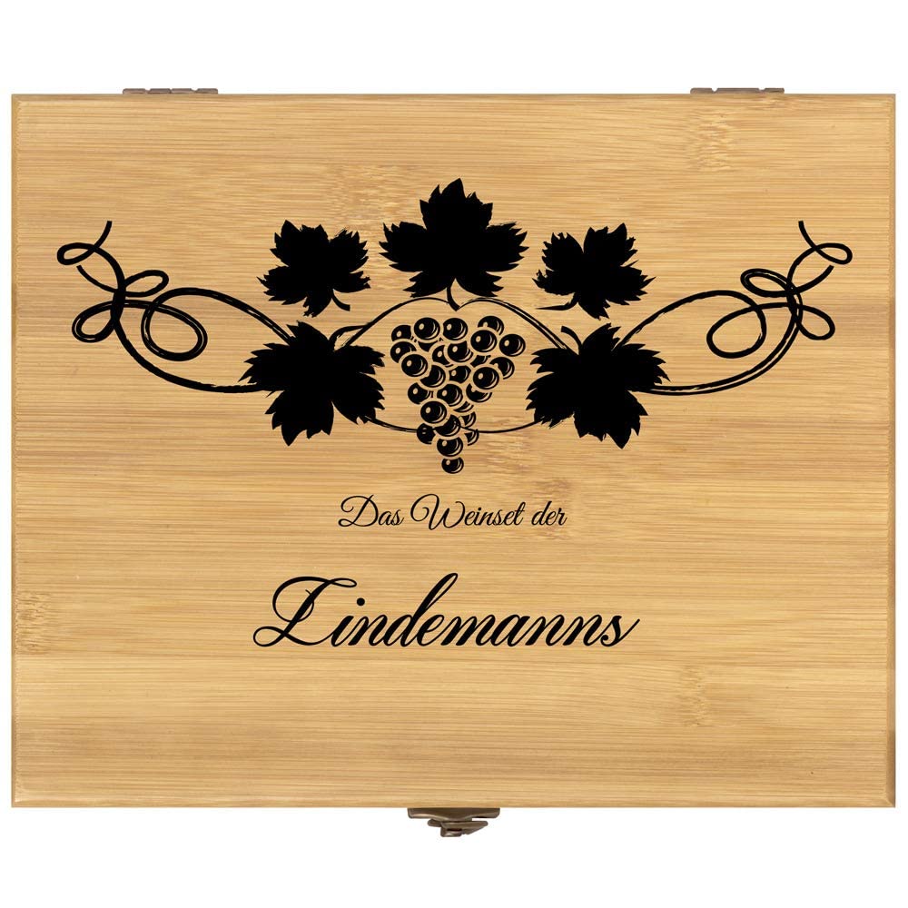 Maverton Weinöffner-Set personalisiert Weinset Sommelier Set - Geschenkbox Holzbox + 6er Weinzubehörset - aus Bambus - Braun - Geschenk Hochzeit Hochzeitstag Paar - Weihnachtsgeschenke - Weintraube
