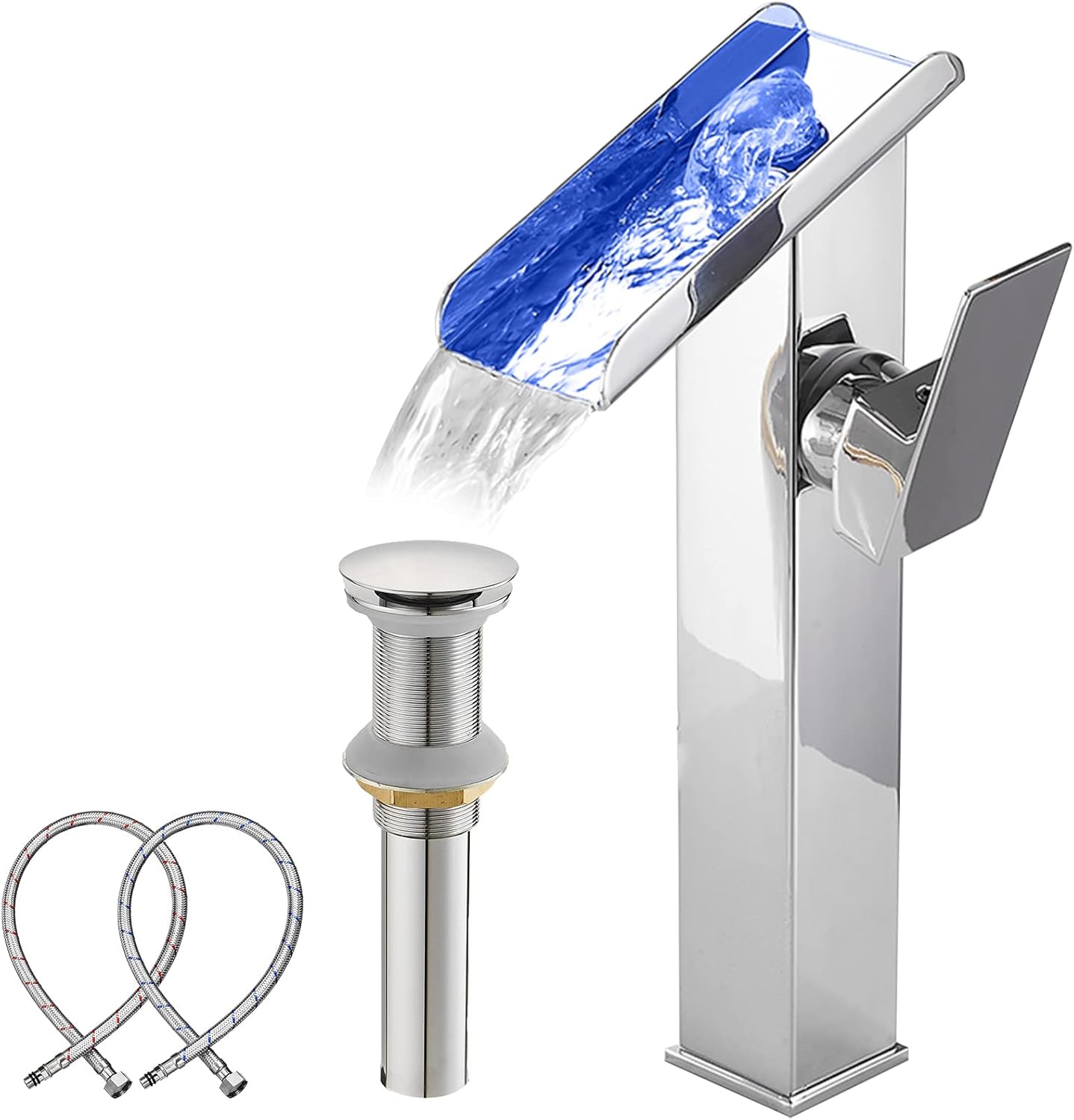 Bowl Sink Faucet Gold Bathroom Vessel Faucet Single Handle 1 Hole Waterfall Open Spout Include Drain Assembly Without Overflow Drain Stopper Lavatory Bath Vanity Luxury Wash Basin Tap Tall Deck Mount