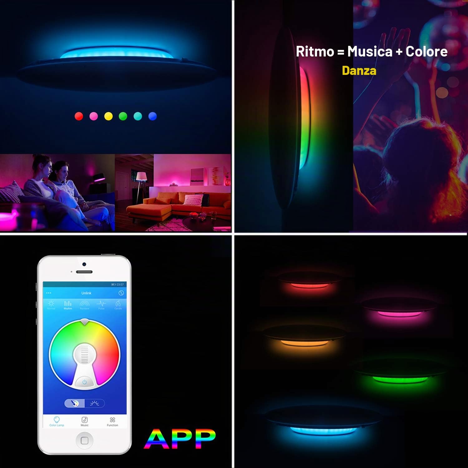 36W Φ40cm Musica Plafoniera Led Bluetooth Altoparlante con Telecomando,Lampada da Soffitto Cambia Colore Regolabile ,Moderno Smart RGB Illuminazione Interni per Camera da Letto Cucina Soggiorno Bagno