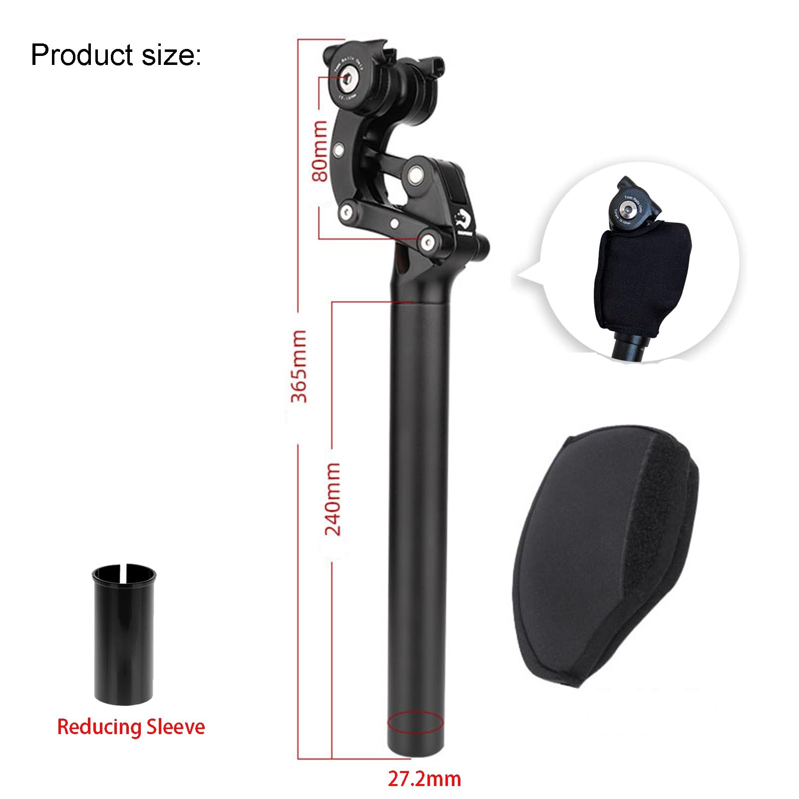 Tige de Selle Suspendue pour vélo, 27,2/28,6/30/30,4/30,8/33,9 x 365 mm, Tige de Selle avec Amortisseur et Capuchon de Protection pour Route, Gravel et VTT (30,4 mm)
