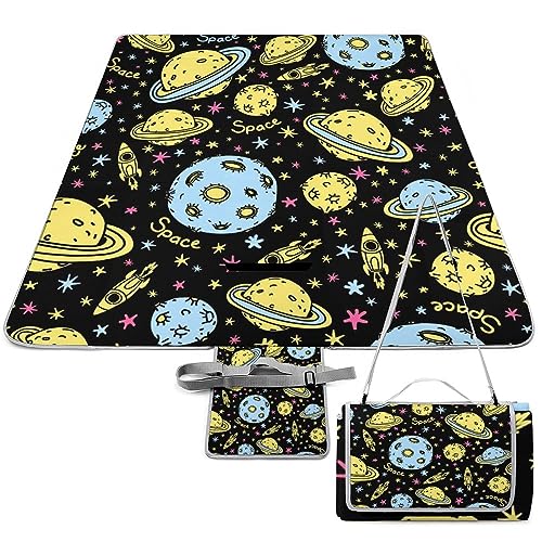 Doodlestyle-Space-Print Picnic Blanket Waterproof Foldable, Large Outdoor Picnic Blanket Beach Blankets Camping Blanket Travel Mat, Shoulder Strap Tote, Rectangle 58x58in