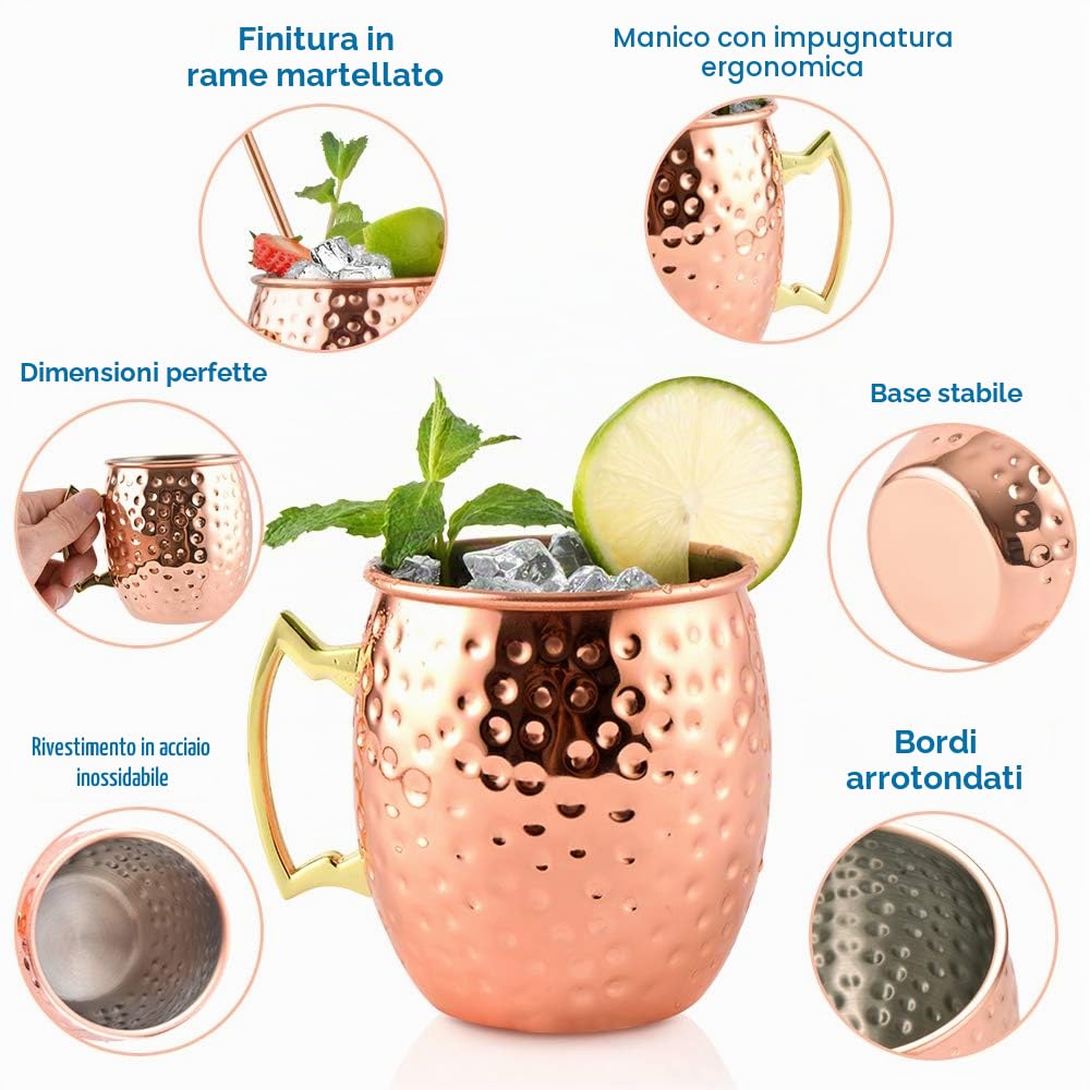 Yoassi Set di 4 Tazze di Rame per Moscow Mule 530ml*4 Mosca Mule con 4 Sottobicchieri, 4 Cannucce, Spazzola e Misurino Lavorate e Martellati a Mano Double Wall per Cocktail