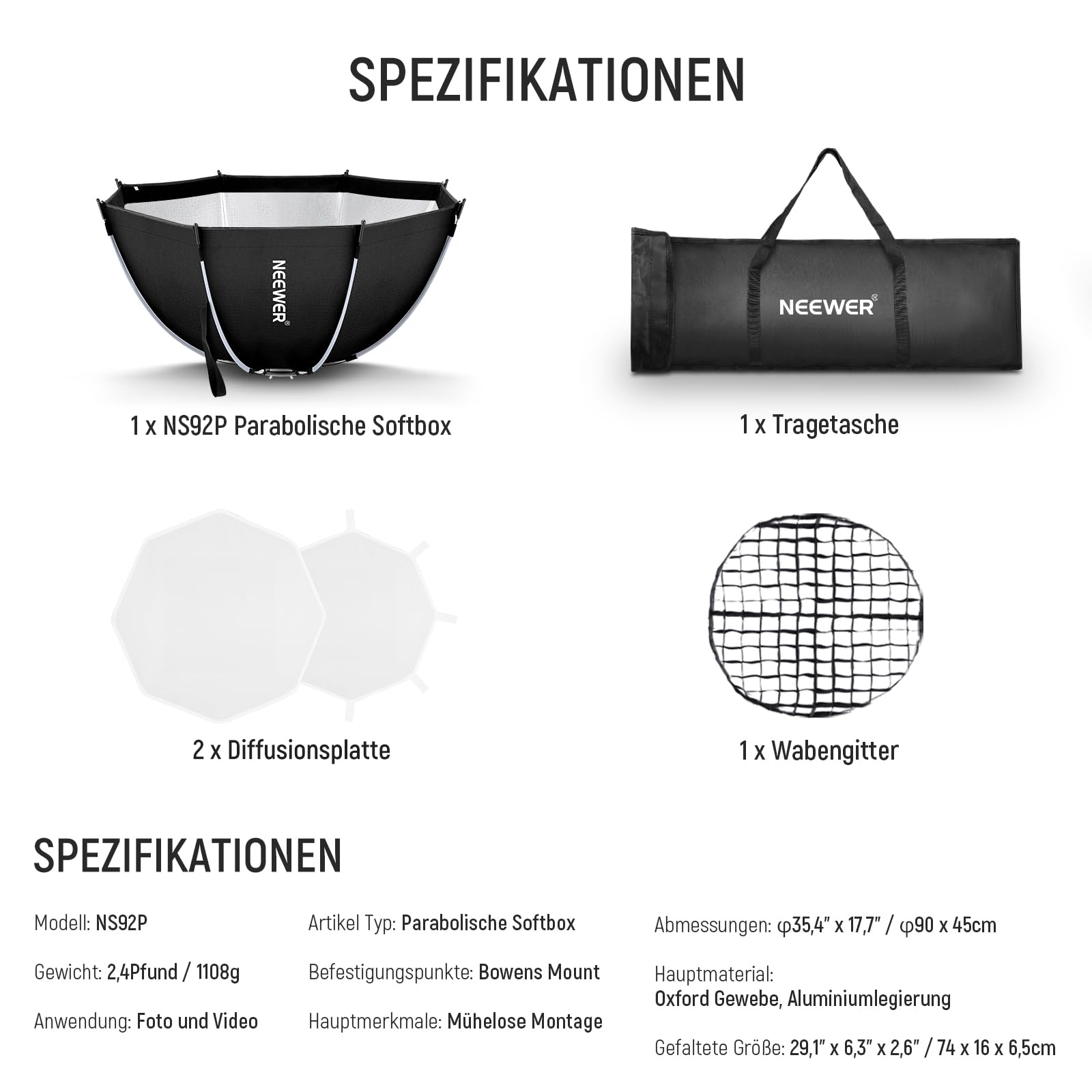 NEEWER 35,4'' Achteckige Octagonal Softbox, Quick Release Parabolic Softbox mit Bowens Mount, Gitter Tasche, kompatibel mit Aputure 120d, kompatibel mit Godox SL60w NEEWER Q4 AS600B CB300B Q300, NS92P