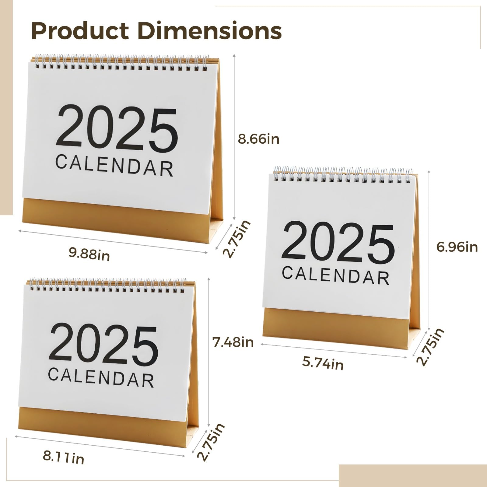 2-pak mini kalendarza na biurko 2025, prosty planer miesięczny, spiralny design z brązową podstawą, idealny do użytku biurowego, duży przód 2025, biały, minimalistyczny styl