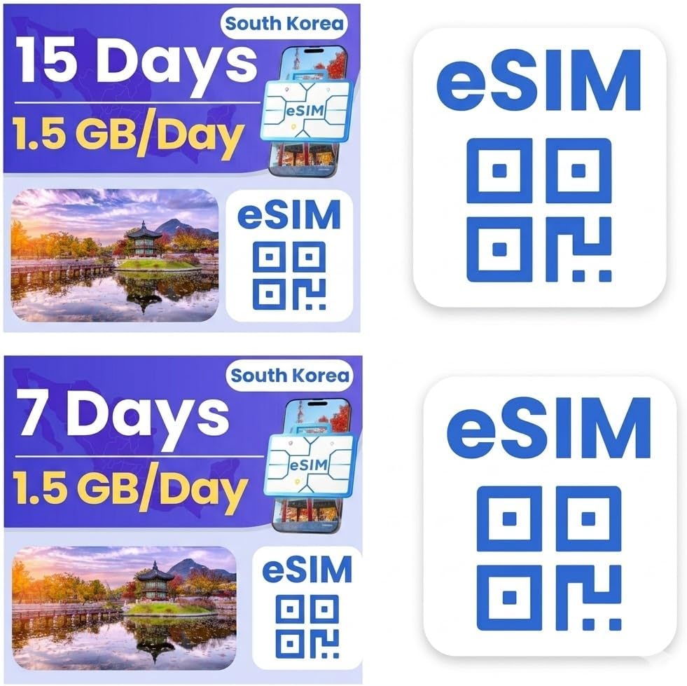 eSIM Bundle for International Travel, Korea 22.5GB/ 15 Days – Korea 11.5GB/ 15 Days, 4G/5G Speed, Hotspot Supported, Instant Activation in 10 Minutes