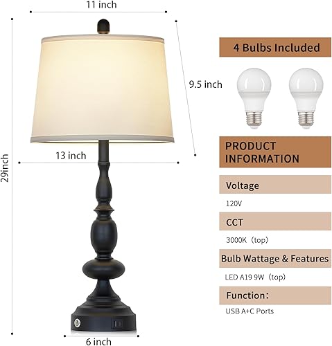 Miniatura 2 de 29" Black Modern Table Lamps Set of 2, Industrial Touch Control 3-Way Dimmable Bedside Lamp with USB C+A Ports, Metal Nightstand Lamps for Living