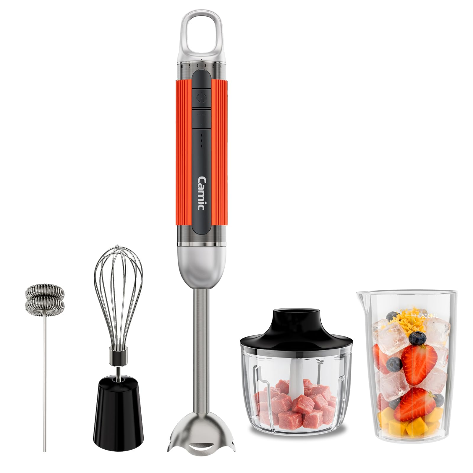 Camic 4-in-1 Stabmixer, Kabelloses Elektrische Stabmixer mit 6-Stufiger + Turbo, Inklusive Edelstahl-Mixfuß, Schneebesen, Milchaufschäumer und 500ml Lebensmittelhacker für Suppen und Milchshake
