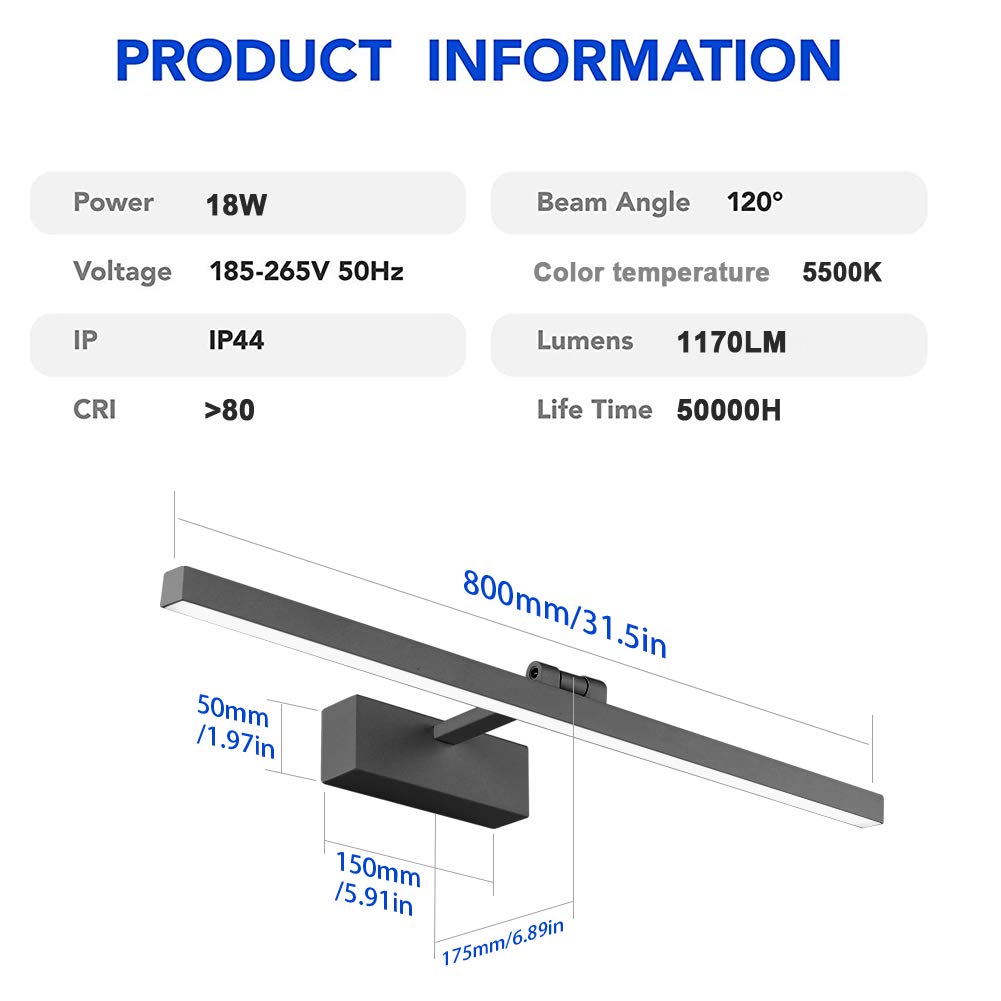 Klighten LED Spiegelleuchte 24W Bilderleuchte 180° Einstellbar Badlampe Wandbeleuchtung Wasserdicht IP44 Kaltes Weiß 5500K, Schwarz