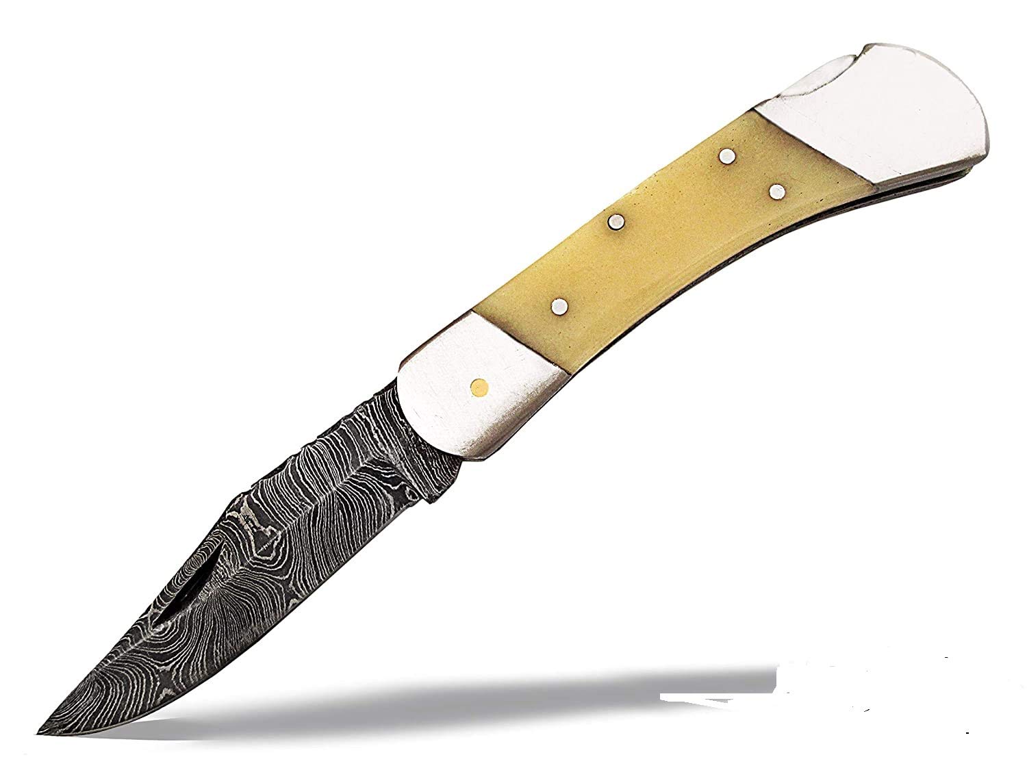 TNZ-505 USA Damascus Pocket Folding Knife 3" Blade, 7 oz,Back Lock with Leather Cover >>>> TNZ Hand Made Damascus Knives