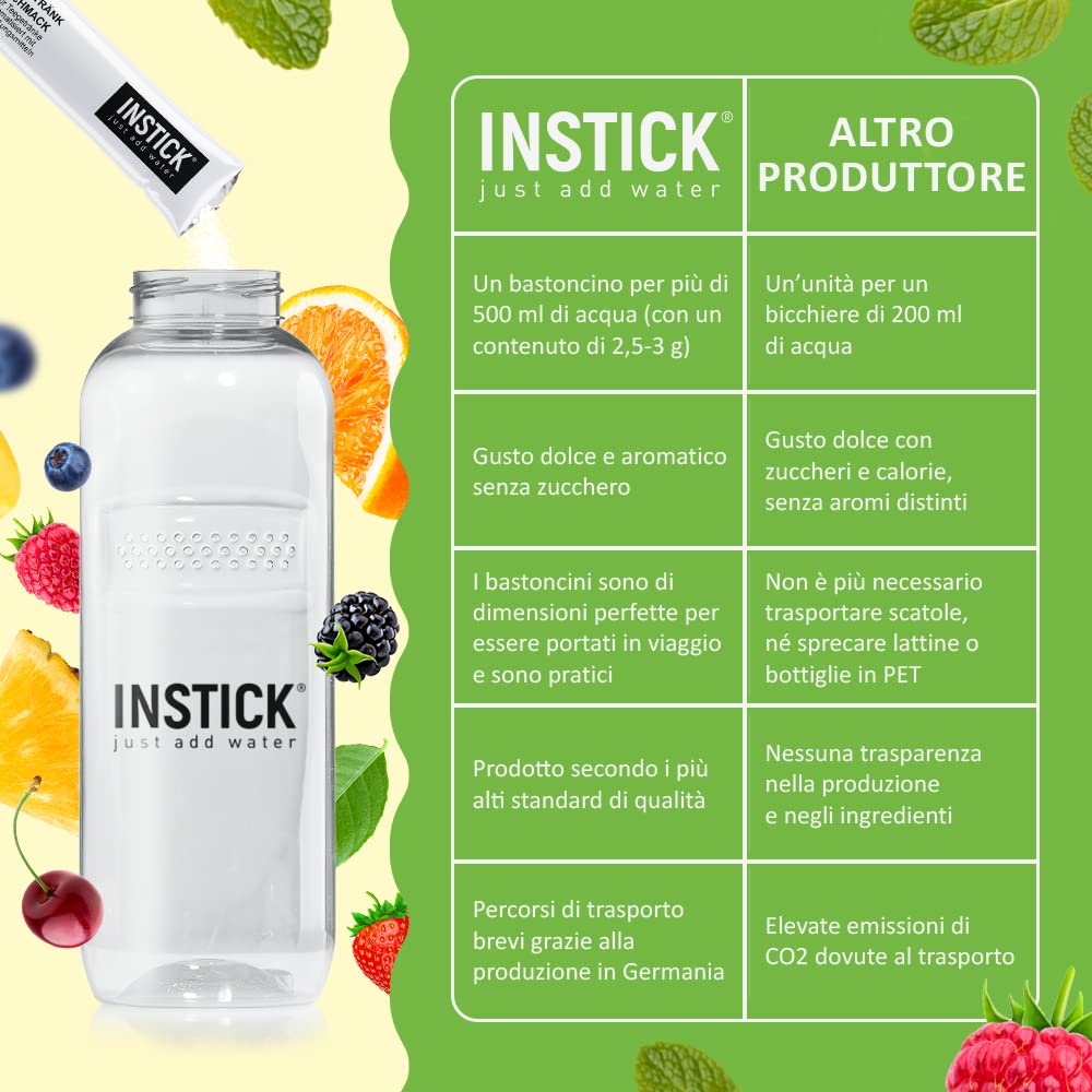 INSTICK bevanda istantanea senza zucchero (confezione tè freddo + borraccia Tritan 1L) 8x12 bustine – per 0,5–1 l – vegana, con vitamina C e a basso contenuto calorico
