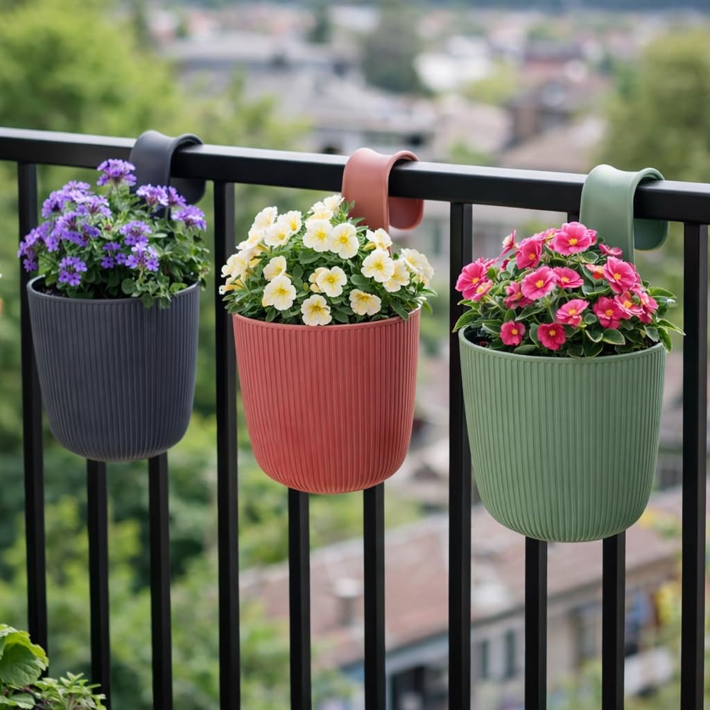 Gariella 6 x Blumentopf zum Hängen, integriertes Drainagesystem, Farbe: Anthrazit, Ø 15 cm, Pflanztopf-Kübel, Hängetopf, widerstandsfähig, rund, wetterfest, Kunststoff