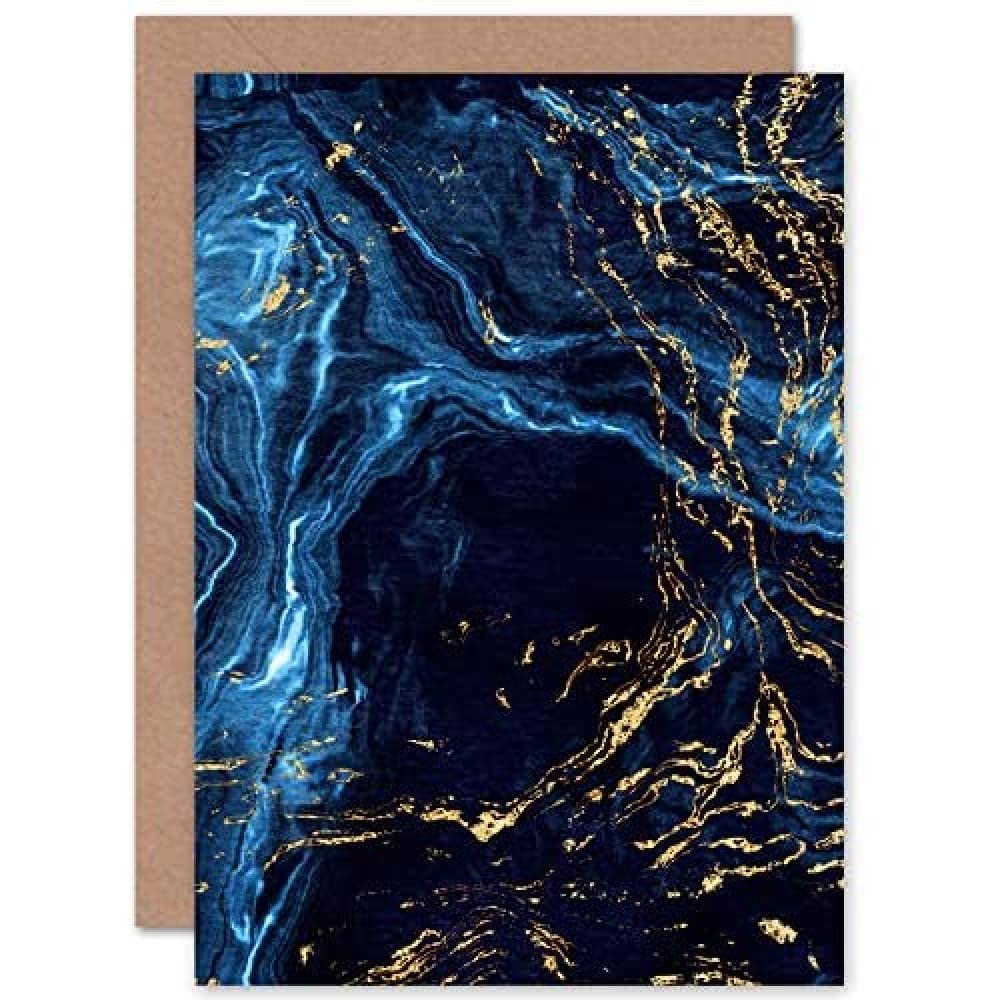Wee Blue Coo Abstract Dark Blue Gold Water Greeting Card With Envelope Inside Premium Quality