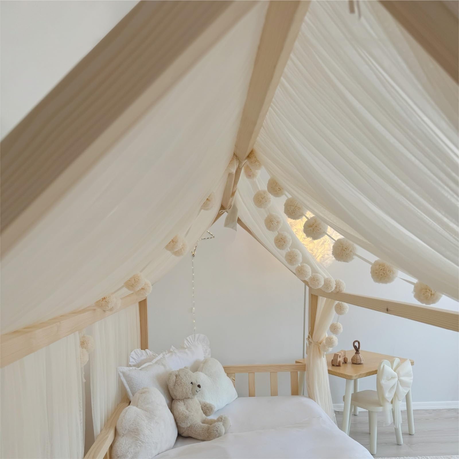 Toldo de cama estilo princesa para niñas, decoración de habitación de niños para camas Montessori, regalo de tul suave para niños pequeños (crema, 320 cm, juego de 4)