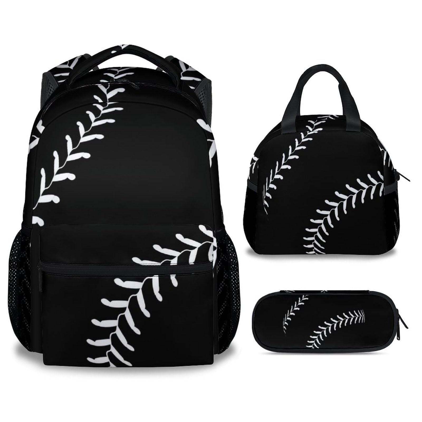 XaocNyx Baseball Backpack with Lunch Box and Pencil Case Set, 3 in 1 Matching Boys Black Backpacks Combo, Cool Bookbag and Pencil Case Bundle