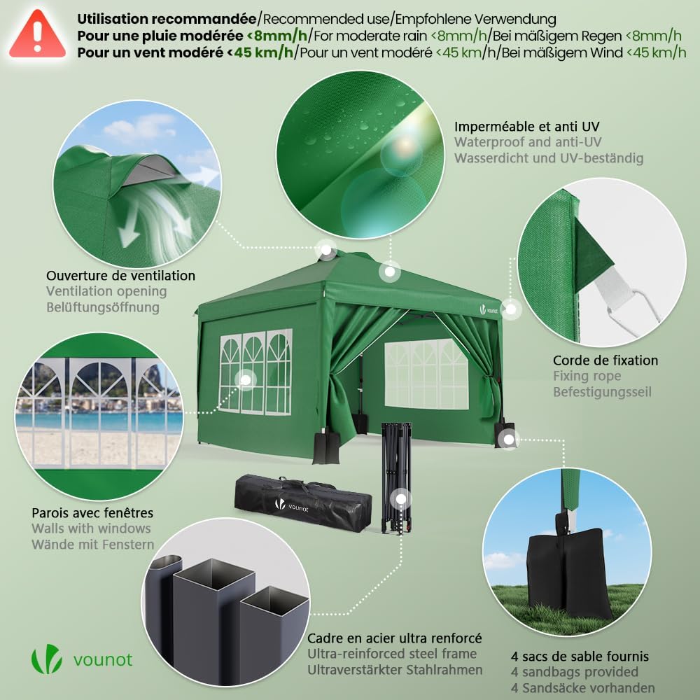 Diagram highlighting key features: ventilation opening, waterproof and anti-UV canopy, fixing ropes, walls with windows, ultra-reinforced steel frame, and sandbags.