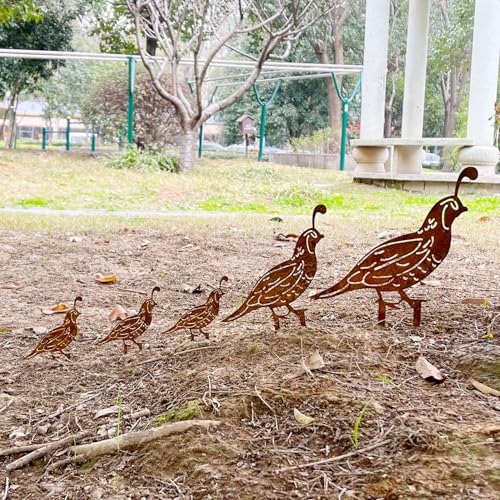 5PCS Rusty Quail Family Decorative Garden Stakes, Metal Birds Yard Decor, Bird Lover Gifts for Women Mom Grandma Wife, Metal Birds Statues Garden Sculptures and Yard Art, Patio, Lawn Ornaments