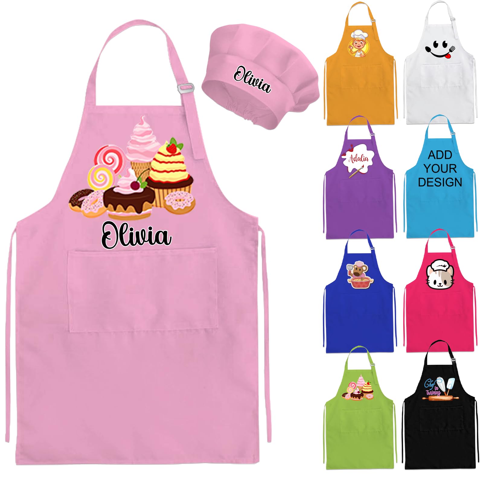 Delantal y sombrero de chef personalizado para niños, delantal con nombre para cocinar, hornear, cocina, pintura, regalo para niños y niñas