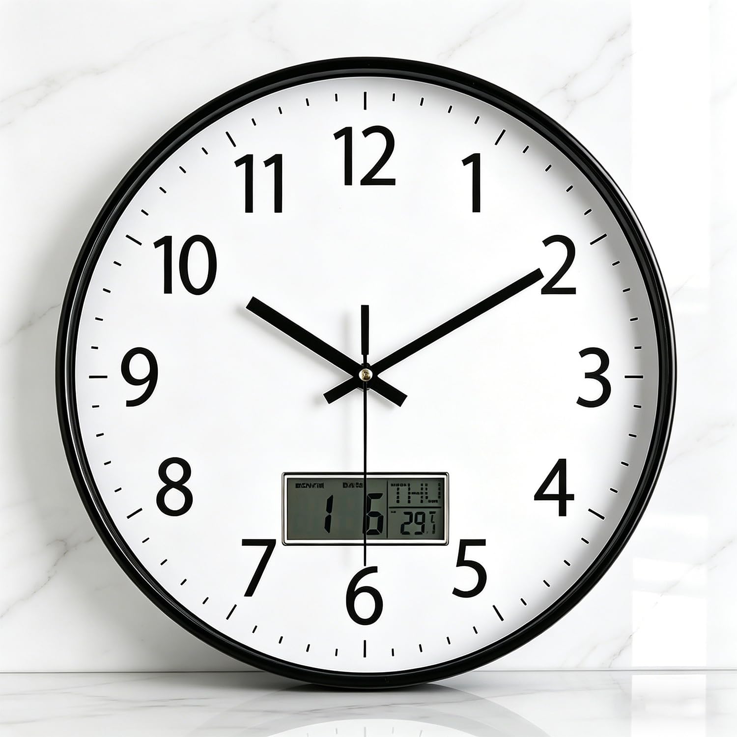 SIN&MI 12 Inch Wall Clock LCD Display Number Frame Glass Cover Non-Ticking Number Quartz Wall Clock Modern Quartz Design Decorative Indoor/Kitchen White — image 1