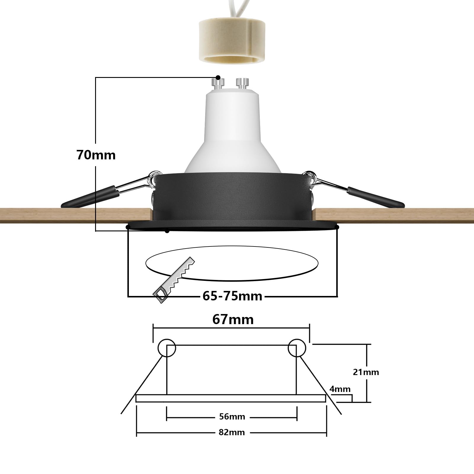 Marco Foco Empotrable GU10 Aluminio Negro Orientable Downlight LED Empotrable Ojo de Buey de techo con Portalámparas GU10 68mm Para Lámparas De Led O Halógena, Redondo 60-75mm 230V 12 Pack