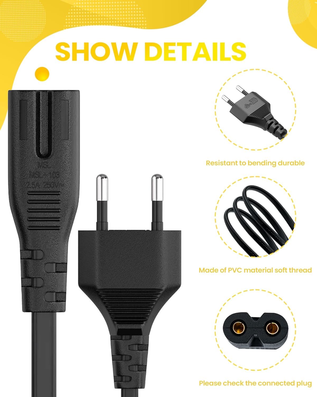 1.8 Meter 2 Pin Power Cable Cord Universal Replacement AC Power Cord Wire for Samsung tv Sony tv,Power Cable Original LED TV, Printer, Play Station, Laptop PC Notebook Computer, Tape Recorder (Black) 1