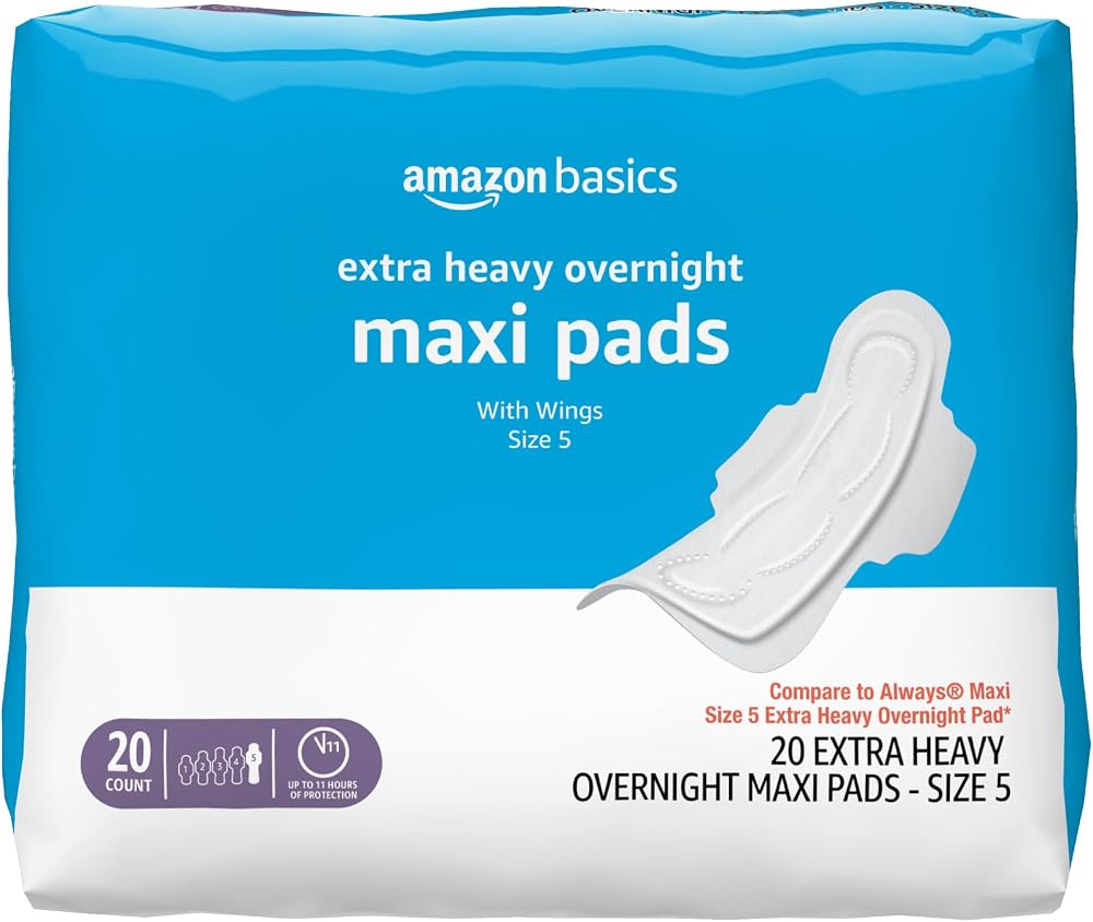 Amazon Basics 생리용 날개가 달린 두꺼운 맥시 패드, 매우 무거운 오버나이트 흡수성, 흡수성 코어, 제자리에 유지되는 보호, 무향, 사이즈 5, 20개 (이전 Solimo) — 사진 1